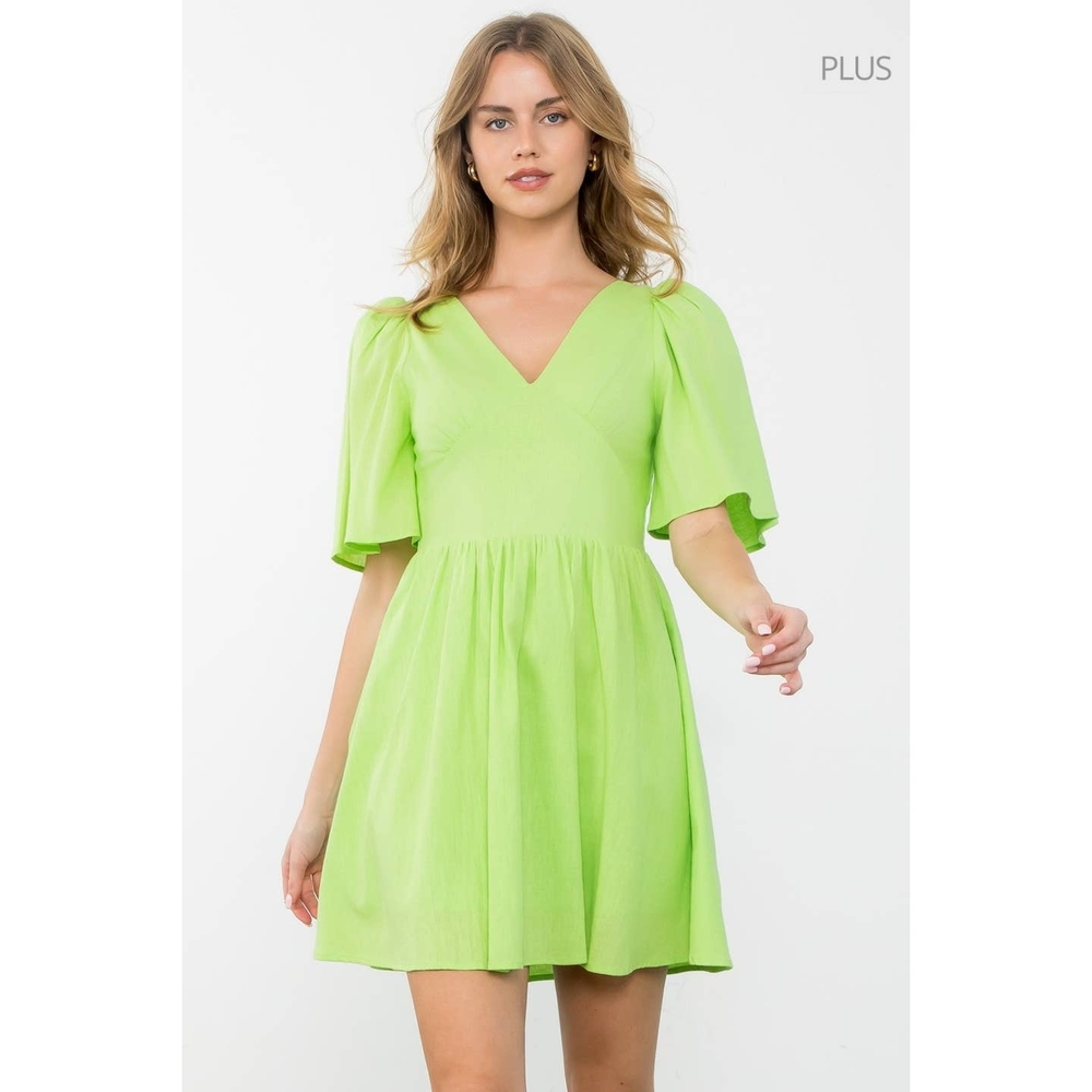 THML Size Xl/ Puff Sleeve V-Neck Solid Mini Dress
